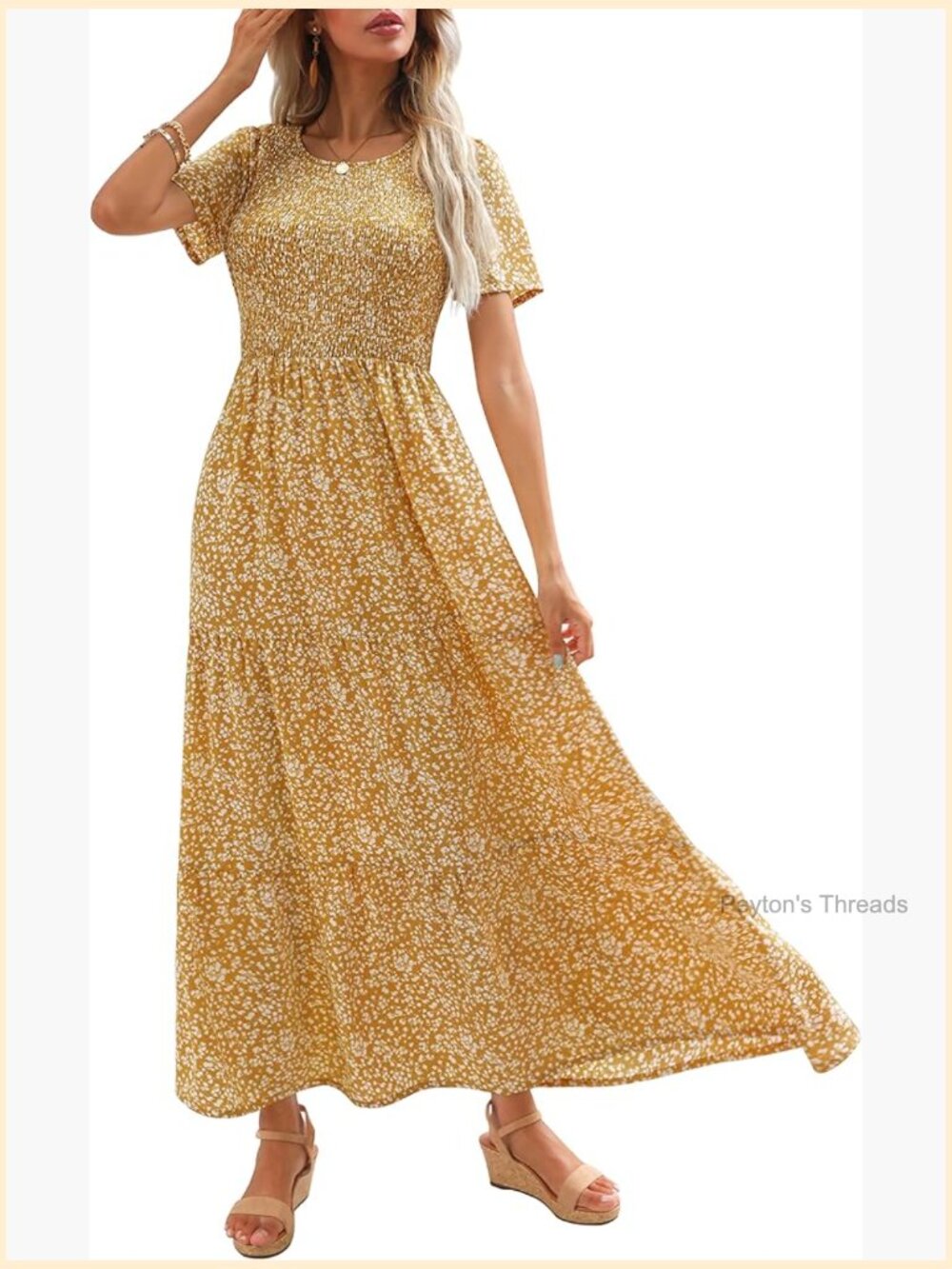 Smocked Floral Maxi Dress with Short Sleeves - Casual Wedding Guest - Picture 1 of 7